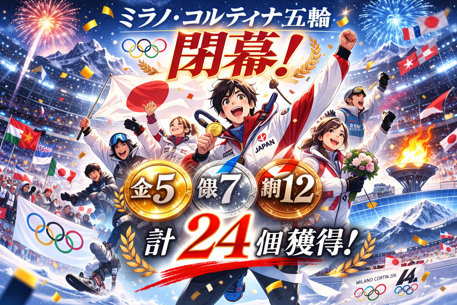 【日本メダル獲得一覧あり】ミラノ・コルティナ五輪閉幕　IOC会長「新たな基準」と総括、日本は最多24個