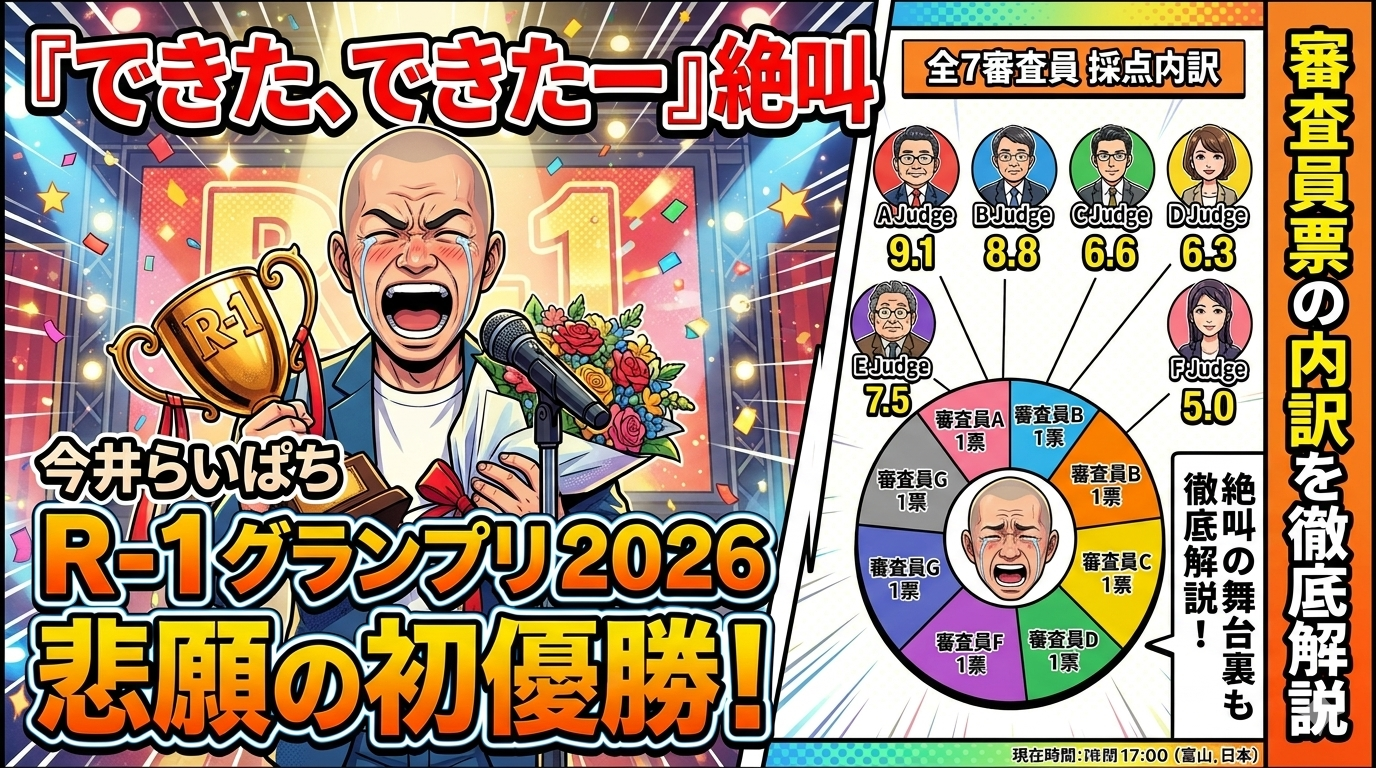 【R-1 2026】今井らいぱちが悲願の初優勝！「できた、できたー！」絶叫の舞台裏と審査員票の内訳を徹底解説