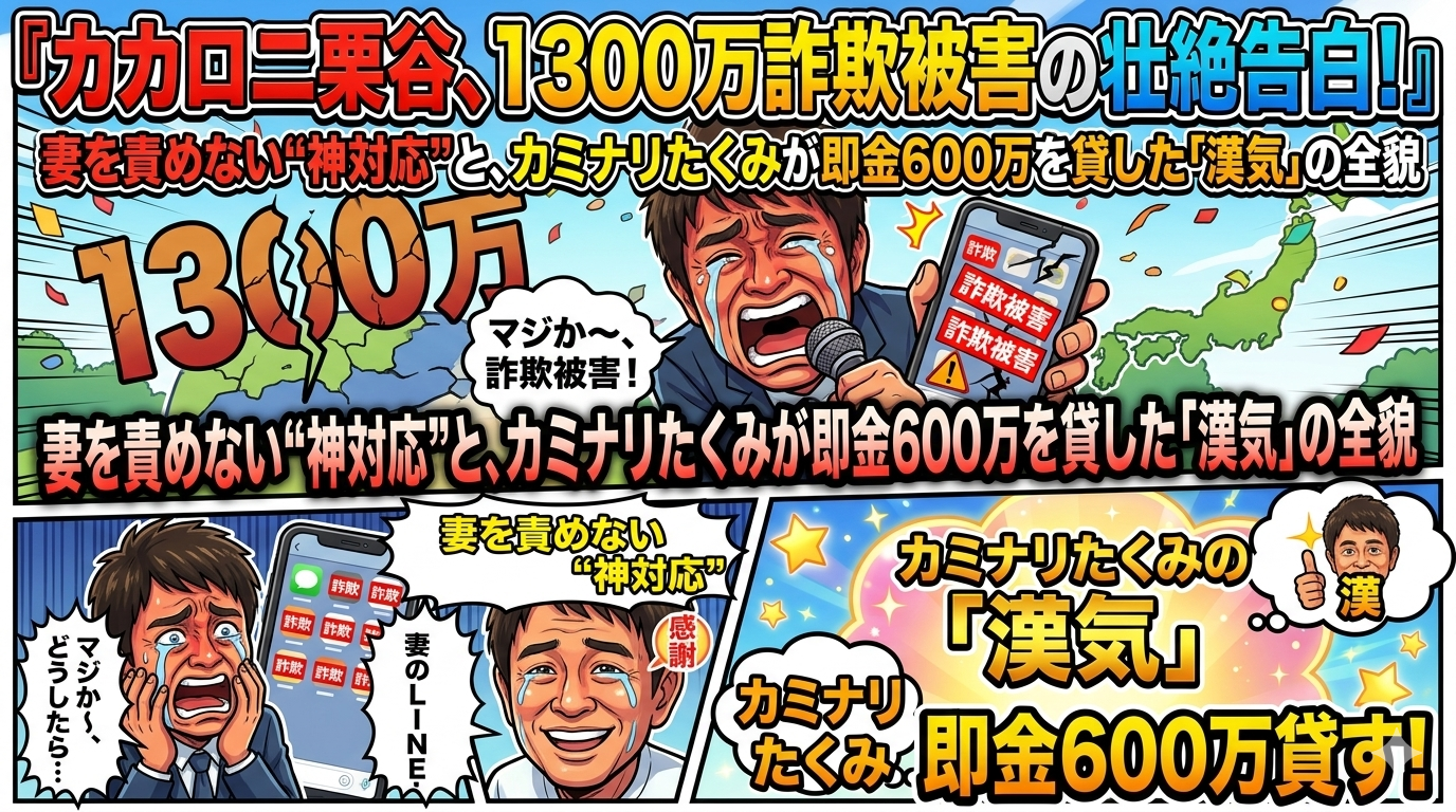 カカロニ栗谷、1300万詐欺被害の壮絶告白！妻を責めない“神対応”と、カミナリたくみが即金600万を貸した「漢気」の全貌